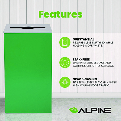 Alpine 29 Gallon Trash/Recycling Cans, Steel, Green Can with Mixed Lid (ALH4450KITGRNM)