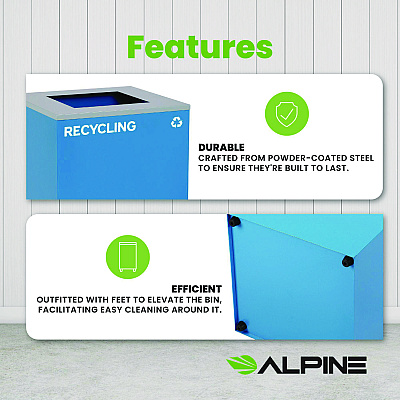 Alpine 29 Gallon Trash/Recycling Cans, Steel, Blue Recycling Can with Square Lid (ALH4450KITBLUSR)