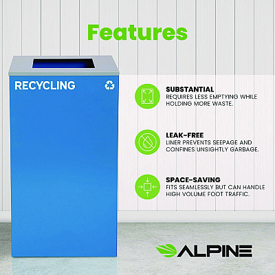 Alpine 29 Gallon Trash/Recycling Cans, Steel, Blue Recycling Can with Square Lid (ALH4450KITBLUSR)
