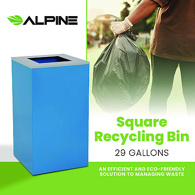 Alpine 29 Gallon Trash/Recycling Cans, Steel, Blue Can with Square Lid (ALH4450KITBLUS)