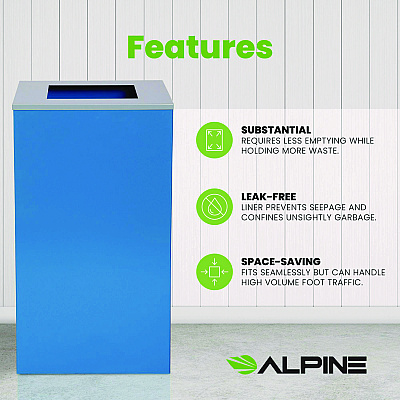 Alpine 29 Gallon Trash/Recycling Cans, Steel, Blue Can with Square Lid (ALH4450KITBLUS)