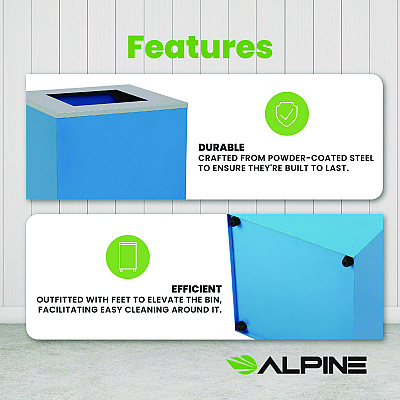 Alpine 29 Gallon Trash/Recycling Cans, Steel, Blue Can with Square Lid (ALH4450KITBLUS)
