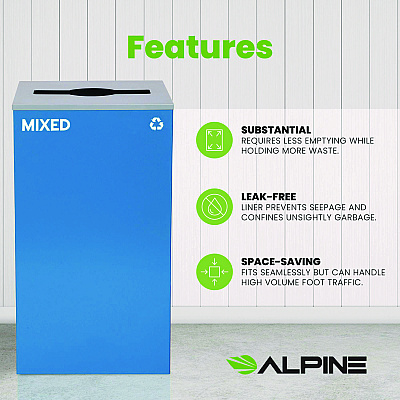 Alpine 29 Gallon Trash/Recycling Cans, Steel, Blue Mixed Recycling Can with Mixed Lid (ALH4450KITBLUMM)
