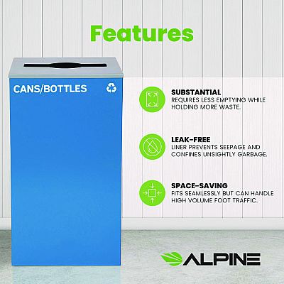 Alpine 29 Gallon Trash/Recycling Cans, Steel, Blue Cans/Bottles Recycling Can with Mixed Lid (ALH4450KITBLUMC)