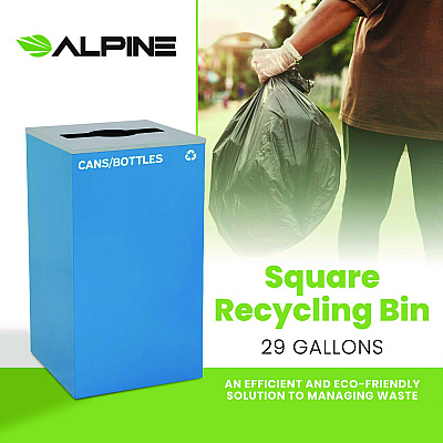 Alpine 29 Gallon Trash/Recycling Cans, Steel, Blue Cans/Bottles Recycling Can with Mixed Lid (ALH4450KITBLUMC)