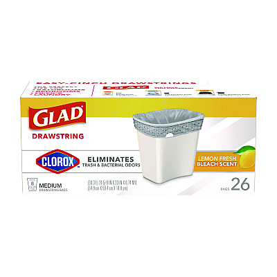Glad Medium Drawstring Trash Bags with Clorox, 8 gal, Lemon Fresh Bleach Scent, 0.74 mil, 23" x 21.63", Gray, 26/Box (CLO79316)