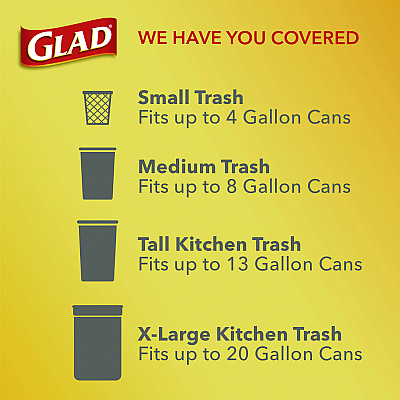 Glad Medium Drawstring Trash Bags with Clorox, 8 gal, Lemon Fresh Bleach Scent, 0.74 mil, 23" x 21.63", Gray, 26/Box (CLO79316)