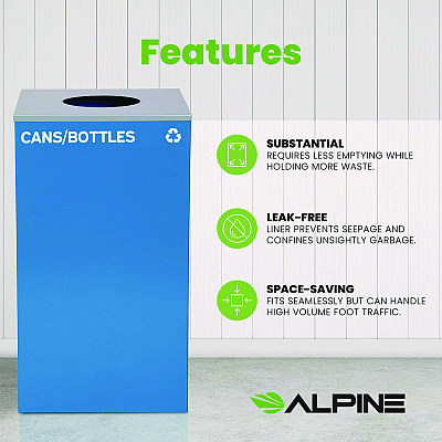 Alpine 29 Gallon Trash/Recycling Cans, Steel, Blue Cans/Bottles Recycling Can with Circle Lid (ALH4450KITBLUCC)
