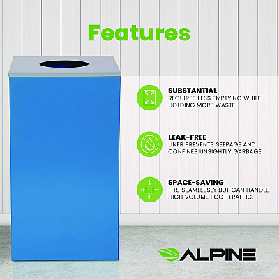 Alpine 29 Gallon Trash/Recycling Cans, Steel, Blue Can with Circle Lid (ALH4450KITBLUC)
