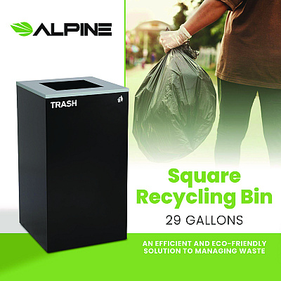 Alpine 29 Gallon Trash/Recycling Cans, Steel, Black Trash Can with Square Lid (ALH4450KITBLKST)