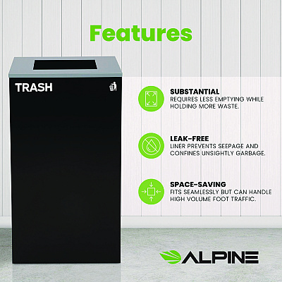 Alpine 29 Gallon Trash/Recycling Cans, Steel, Black Trash Can with Square Lid (ALH4450KITBLKST)