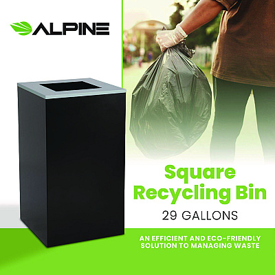 Alpine 29 Gallon Trash/Recycling Cans, Steel, Black Can with Square Lid (ALH4450KITBLKS)