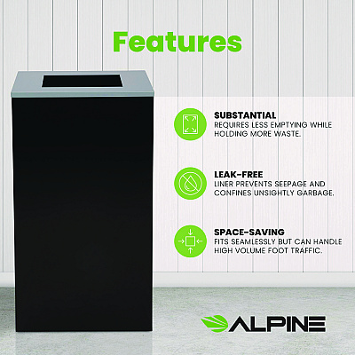 Alpine 29 Gallon Trash/Recycling Cans, Steel, Black Can with Square Lid (ALH4450KITBLKS)