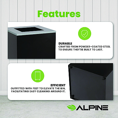 Alpine 29 Gallon Trash/Recycling Cans, Steel, Black Can with Square Lid (ALH4450KITBLKS)