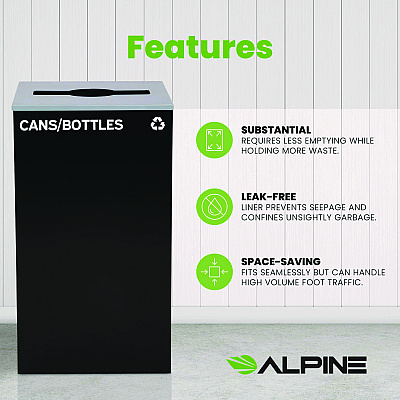 Alpine 29 Gallon Trash/Recycling Cans, Steel, Black Cans/Bottles Recycling Can with Mixed Lid (ALH4450KITBLKMC)