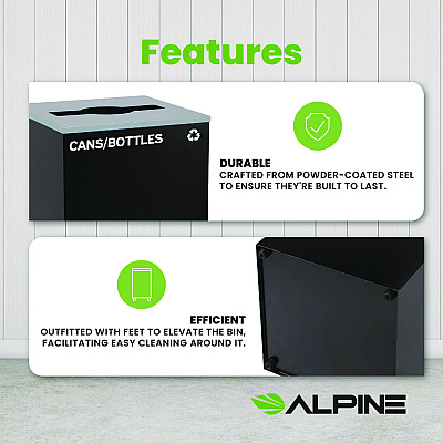 Alpine 29 Gallon Trash/Recycling Cans, Steel, Black Cans/Bottles Recycling Can with Mixed Lid (ALH4450KITBLKMC)