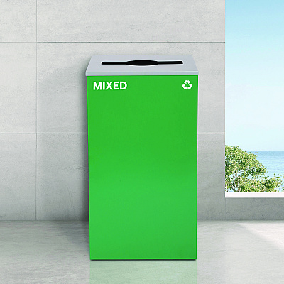 Alpine 29 Gallon Trash/Recycling Cans, Steel, Blue Recycling and Green Mixed Recycling Can w/Mixed Lids, Black Trash Can w/Sq Lid (ALH4450BLKKIT31)
