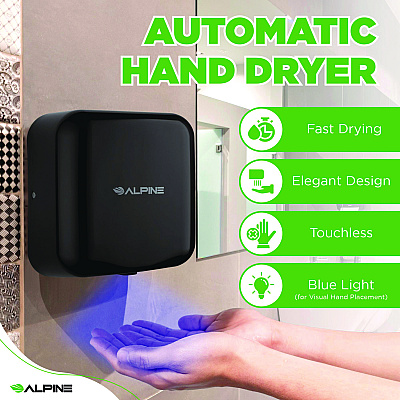 Alpine Hemlock Commercial Automatic 120V Hand Dryer, 6.69 x 11.41 x 12.31, Stainless Steel, Black (ALHALP40010BLA)