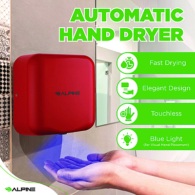 Alpine Hemlock Commercial Automatic 120V Hand Dryer, 6.68 x 11.41 x 12.31, Stainless Steel, Red (ALHALP40010RED)