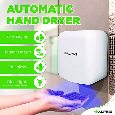 Alpine Hemlock Commercial Automatic 120V Hand Dryer, 6.68 x 11.41 x 12.31, Stainless Steel, White (ALHALP40010WHI)