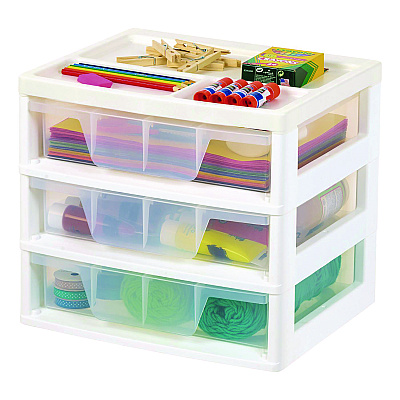IRIS 3-Drawer Desktop Storage, Plastic, 14.6 x 12.31 x 12.75, White/Clear (IRS301161)