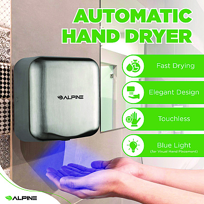 Alpine Hemlock Commercial 220V Automatic Hand Dryer, 6.68 x 11.41 x 12.31, Stainless Steel, Silver (ALHALP40020SSB)