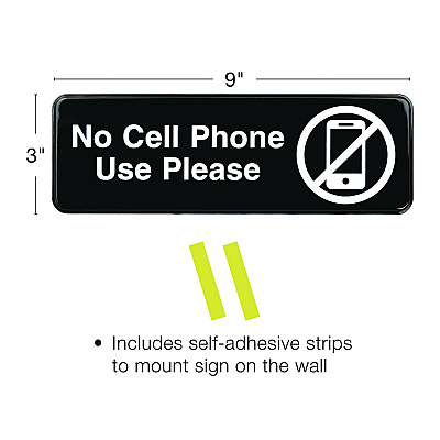 General Printing & Design No Cell Phone Use Please Indoor/Outdoor Wall Sign, 9 x 3, Black Face, White Graphics, 3/Pack (EXOEGPHD0266S)