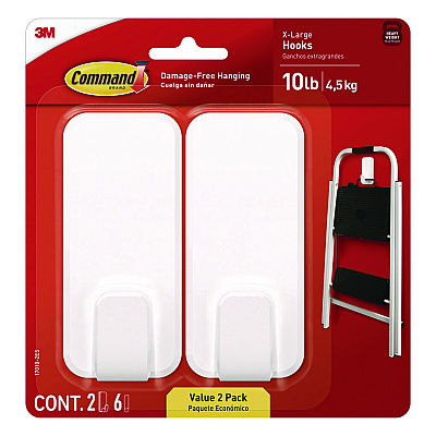Command X-Large Utility Hooks, Plastic, White, 10 lb Capacity, 2 Hooks and 6 Strips/Pack (MMM170102ES)