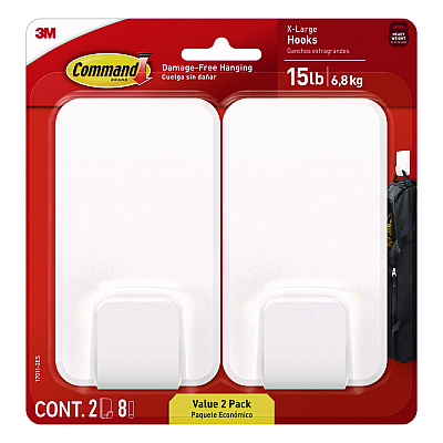 Command X-large Utility Hooks, Plastic, White, 15 lb Capacity, 2 Hooks and 8 Strips/Pack (MMM170112ES)