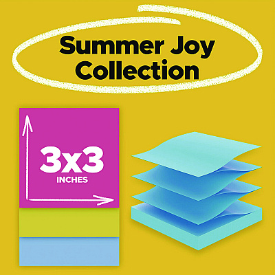 Post-it Pop-up Notes Super Sticky Pop-Up Notes Summer Joy Collection Colors, 3" x 3", Assorted Colors, 90 Sheets/Pad, 6 Pads/Pack (MMMR3306SSJOY)