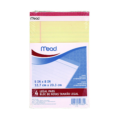 Mead Notepad, Wide/Legal Rule, 50 Canary 5 x 8 Sheets, 4/Pack (MEA59382)