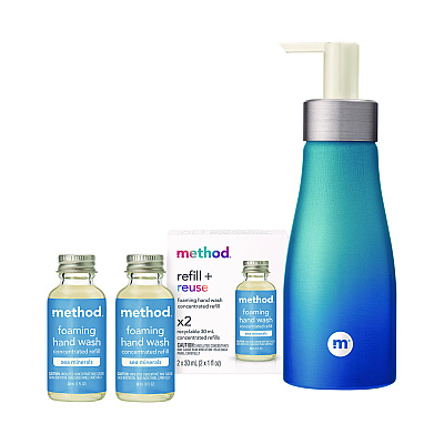 Method Refill + Reuse Foaming Hand Soap Refill Kit, Sea Minerals, (2) 1 oz Refill Bottles, 10 oz Dispenser Bottle (MTH356001)