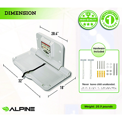 Alpine Compact Horizontal Baby Changing Station, 32 x 18, White (ALHALP411E)