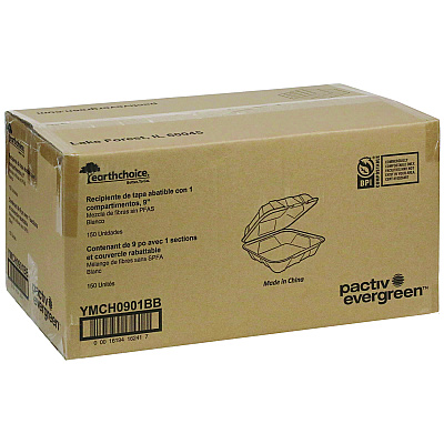 Pactiv Evergreen EarthChoice PFAS Free Compostable Hinged Lid Container, 9 x 9 x 3, White, Sugarcane, 150/Carton (PCTYMCH0901BB)