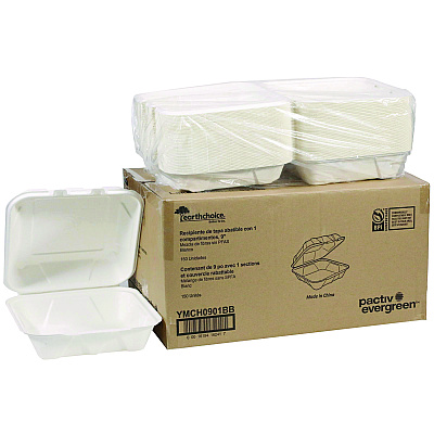 Pactiv Evergreen EarthChoice PFAS Free Compostable Hinged Lid Container, 9 x 9 x 3, White, Sugarcane, 150/Carton (PCTYMCH0901BB)
