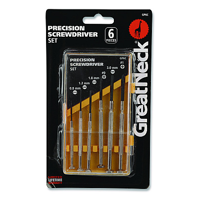 Great Neck Precision Screwdriver Set, Six-Piece, Phillips/Slotted, Assorted Lengths, Polished Steel Handles (GNSGP6C)