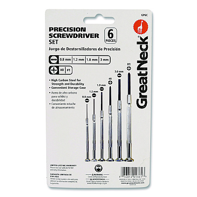 Great Neck Precision Screwdriver Set, Six-Piece, Phillips/Slotted, Assorted Lengths, Polished Steel Handles (GNSGP6C)