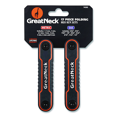 Great Neck Hex Key Fold-Up Tool Set, Two-Piece, Metric/SAE, Black-Oxide/Blue (SAE), Black-Oxide/Red (Metric) (GNS74205)
