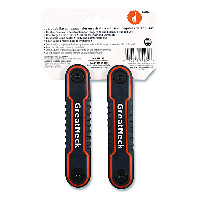 Great Neck Hex Key Fold-Up Tool Set, Two-Piece, Metric/SAE, Black-Oxide/Blue (SAE), Black-Oxide/Red (Metric) (GNS74205)