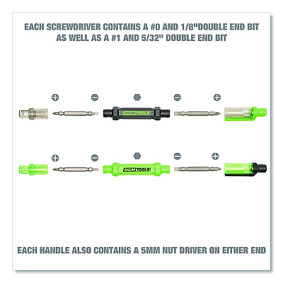 OEMTOOLS 6-Way Pen-Style Screw/Nut Driver, Phillips/Slotted Bits, Metric Sockets, 5.38" Long, Black/Green, Green/Clear, 4/Pack (GNS22537)