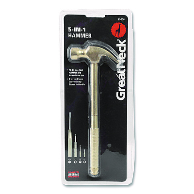 Great Neck 5-in-1 Carpenter's Hammer with Nesting Handle Containing Four Screwdrivers, 6.5" Long Gold Handle (GNS19006)