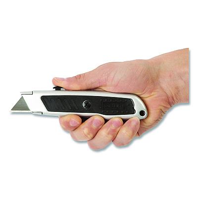 Sheffield Retractable Utility Knife, 1.25" Blade, 3.5" Plastic Handle, Black/Gray (GNS12243)