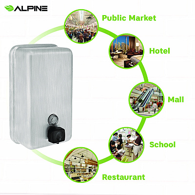 Alpine Vertical Manual Surface-Mounted Stainless Steel Liquid Soap Dispenser, 40 oz, 2.8 x 4.8 x 8.1, Brushed Stainless Steel (ALHALP423SSB)