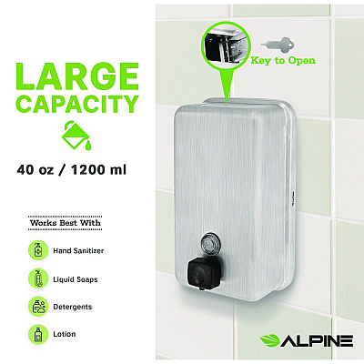 Alpine Vertical Manual Surface-Mounted Stainless Steel Liquid Soap Dispenser, 40 oz, 2.8 x 4.8 x 8.1, Brushed Stainless Steel (ALHALP423SSB)
