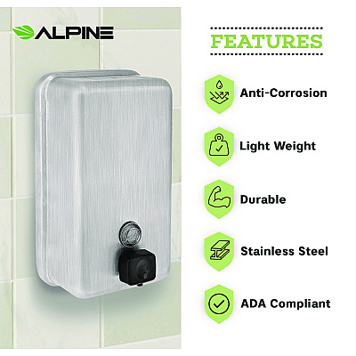 Alpine Vertical Manual Surface-Mounted Stainless Steel Liquid Soap Dispenser, 40 oz, 2.8 x 4.8 x 8.1, Brushed Stainless Steel (ALHALP423SSB)