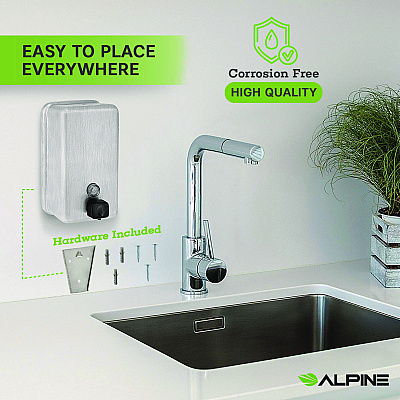 Alpine Vertical Manual Surface-Mounted Stainless Steel Liquid Soap Dispenser, 40 oz, 2.8 x 4.8 x 8.1, Brushed Stainless Steel (ALHALP423SSB)