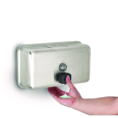 Alpine Horizontal Manual Surface-Mounted Stainless Steel Liquid Soap Dispenser, 40 oz, 2.8 x 8.1 x 4.8, Brushed Stainless Steel (ALHALP424SSB)