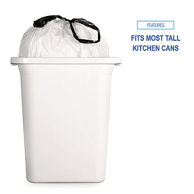Boardwalk Drawstring Kitchen Bags, Drawstring, 13 gal, 24" x 28", White, 50 Bags/Roll, 2 Rolls/Carton (BWK1DK100)
