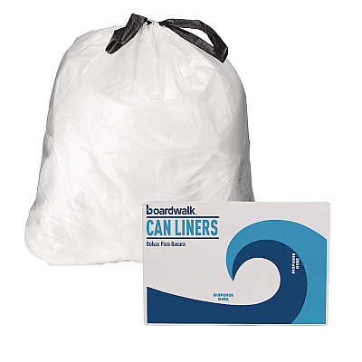 Boardwalk Drawstring Kitchen Bags, Drawstring, 13 gal, 24" x 28", White, 50 Bags/Roll, 2 Rolls/Carton (BWK1DK100)