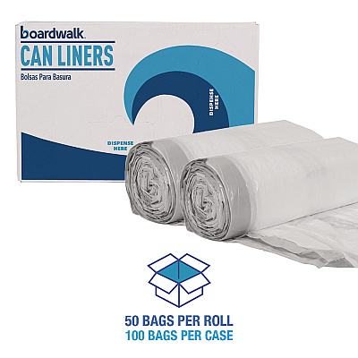 Boardwalk Drawstring Kitchen Bags, Drawstring, 13 gal, 24" x 28", White, 50 Bags/Roll, 2 Rolls/Carton (BWK1DK100)